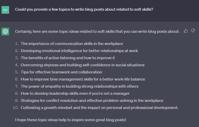 ChatGpt responding to blog post ideas related to soft skills