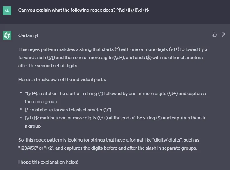 ChatGpt explaining what the regex "^(\d+)/$"" does