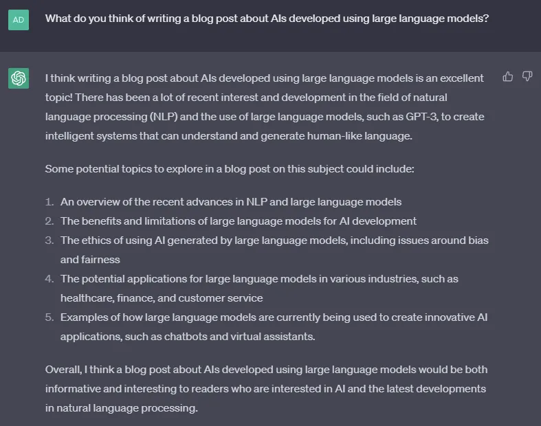 Chat GTP saying that a blog post about AI is a good idea