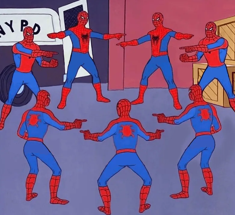 Spiderman pointing at other spidermen meme